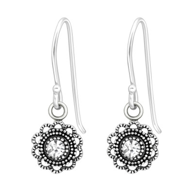 Silver Flower Earrings with Crystal