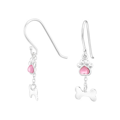 Paw and Bone Sterling Silver Crystal Earrings with Plastic Heart