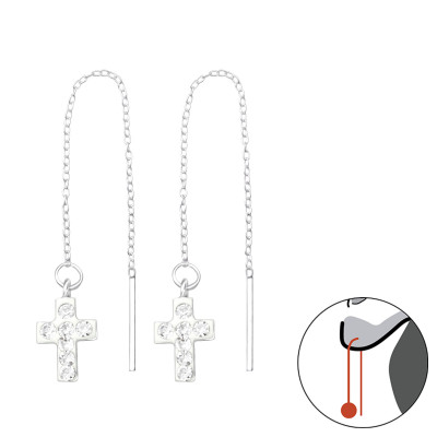 Silver Thread Through Earrings with Hanging Crystal Cross