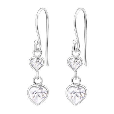 Silver Hanging Hearts Earrings with Cubic Zirconia