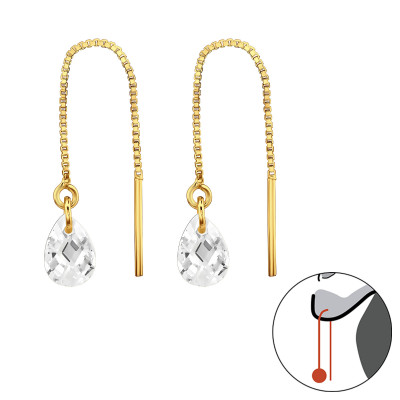 Silver Thread Through Tear Drop Earrings with Cubic Zirconia