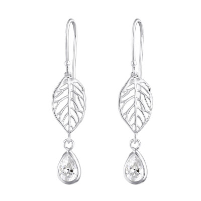 Silver Leaf with Hanging Drop Earrings with Cubic Zirconia