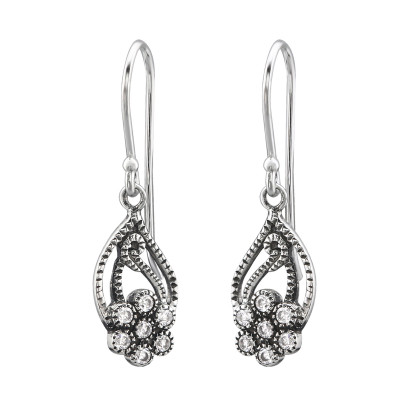 Bali Flower Sterling Silver Earrings with Cubic Zirconia