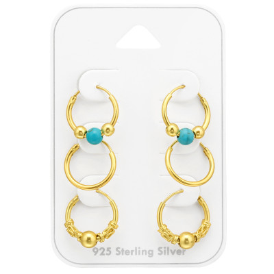 Silver Bali Hoops Set on Card with Turquoise Bead