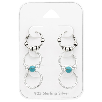 Silver Bali Hoops Set on Card with Turquoise Bead