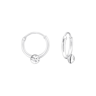 Silver Round Ear Hoops with Crystal