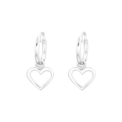 Silver Ear Hoops with Hanging Heart