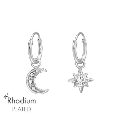 Hanging Moon and Star Sterling Silver Ear Hoops with Crystal