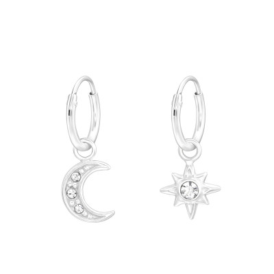 Silver Ear Hoops with Hanging Moon & Star with Crystal