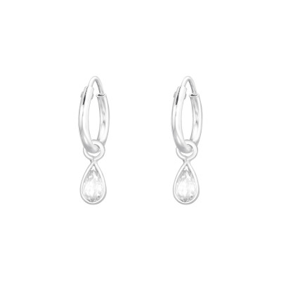 Silver Ear Hoops with a Hanging Teardrop-Shaped Cubic Zirconia