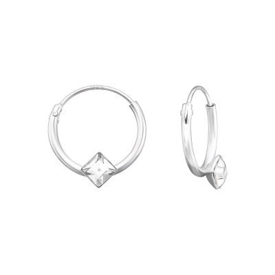 Silver Square Ear Hoops with Crystal