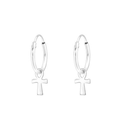 Silver Ear Hoops with Hanging Cross