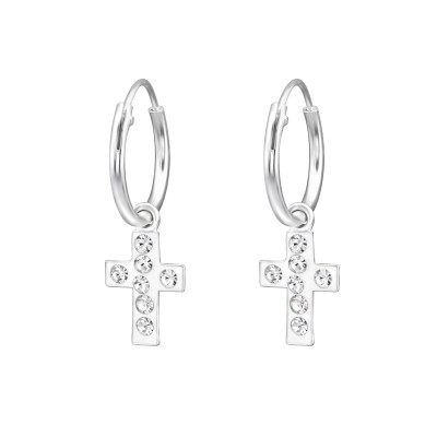 Silver Ear Hoops with Hanging Cross and Crystal