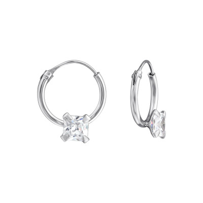 Silver Square Ear Hoops with Cubic Zirconia