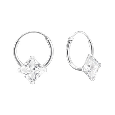 Silver Square Ear Hoops with Cubic Zirconia