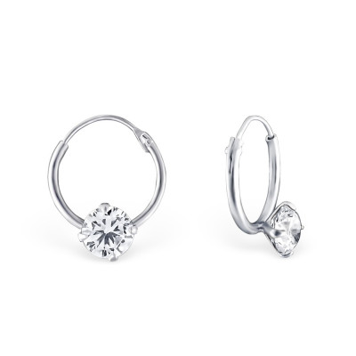 Silver Round Ear Hoops with Cubic Zirconia