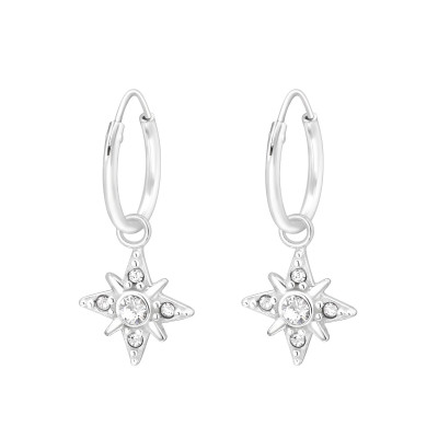 Silver Ear Hoops with Hanging Northern Star and Genuine European Crystal