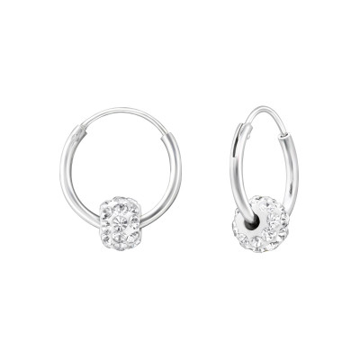 Hanging Ball Sterling Silver Ear Hoops with Crystal