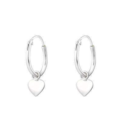 Silver Ear Hoops with Hanging Heart