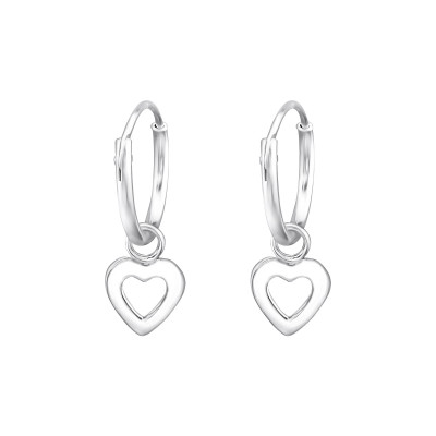 Silver Ear Hoops with Hanging Heart