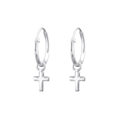 Silver Ear Hoops with Hanging Cross