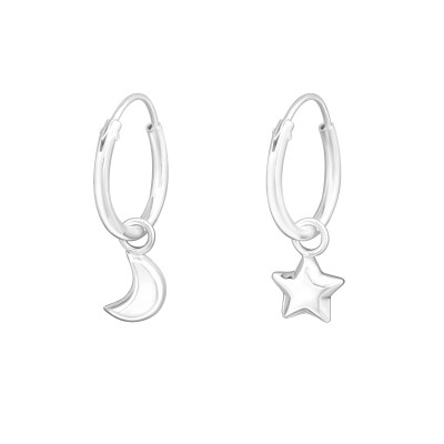 Silver Ear Hoops with Hanging Moon and Star