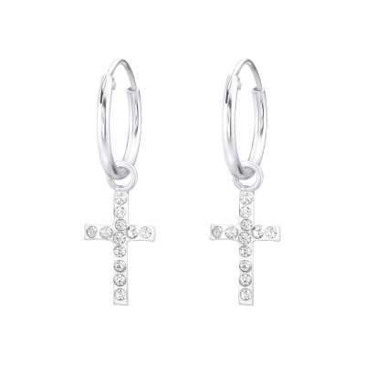 Silver Ear Hoops with Hanging Cross with Crystal