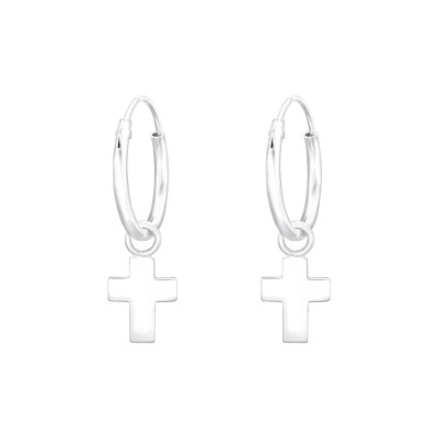 Silver Ear Hoops with Hanging Cross