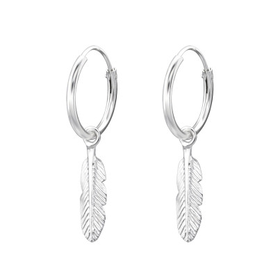 Silver Ear Hoops with Hanging Feather