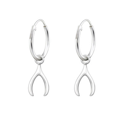 Silver Ear Hoops with Hanging Wishbone