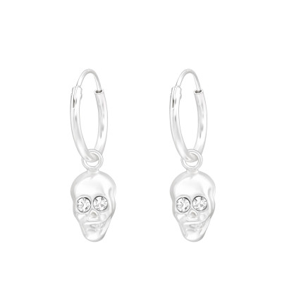Silver Ear Hoops with Hanging Skull and Crystal