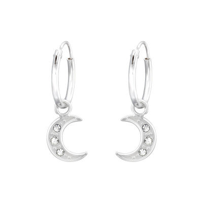 Silver Ear Hoops with Hanging Moon and Crystal