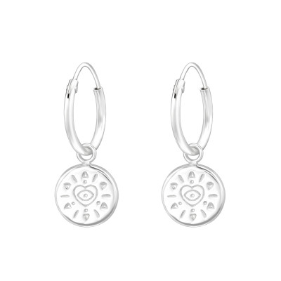 Silver Ear Hoops with Hanging Evil Eye Circle