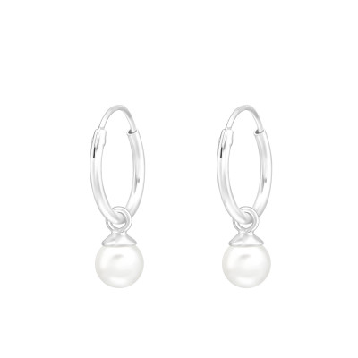 Silver Ear Hoops with Hanging 5mm Round Synthetic Pearl