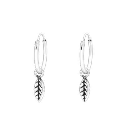 Silver Ear Hoops with Hanging Leaf