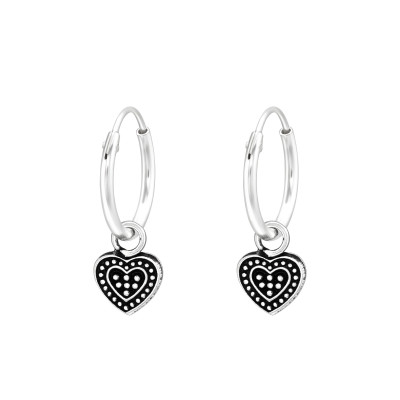 Silver Ear Hoops with Hanging Heart