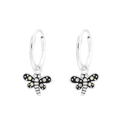 Silver Ear Hoops with Hanging Dragonfly and Crystal