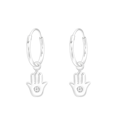 Silver Ear Hoops with Hanging Hamsa and Crystal