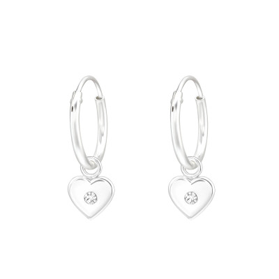 Silver Ear Hoops with Hanging Heart and Crystal