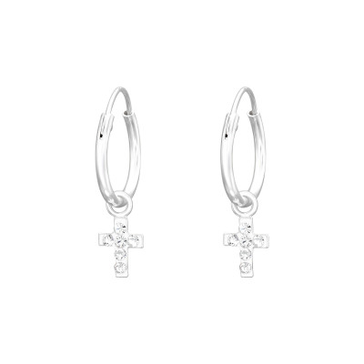 Silver Ear Hoops with Hanging Cross and Crystal