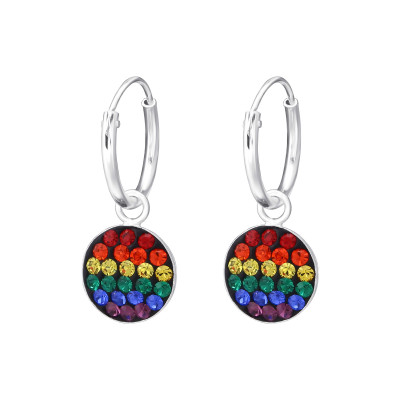 Silver Ear Hoops with Hanging Rainbow and Crystal