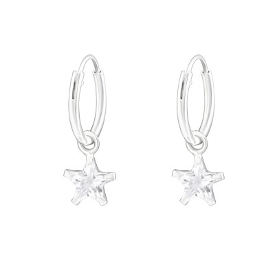 Silver Ear Hoops with Hanging Star and Cubic Zirconia