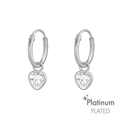 Silver Ear Hoops with Hanging Heart and Cubic Zirconia