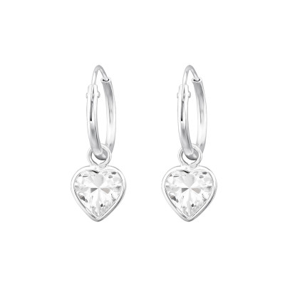 Silver Ear Hoops with Hanging Heart and Cubic Zirconia