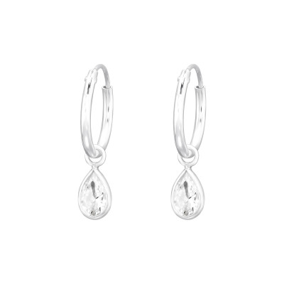 Silver Ear Hoops with a Hanging Teardrop-Shaped Cubic Zirconia