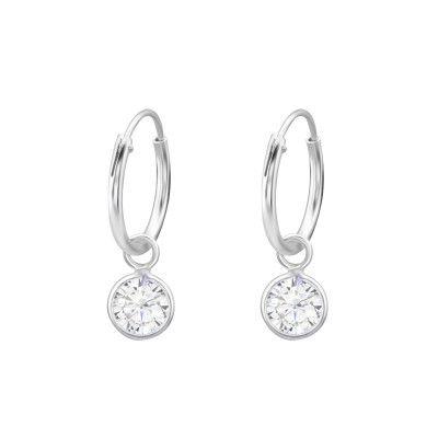 Silver Ear Hoops with Hanging Round and Cubic Zirconia