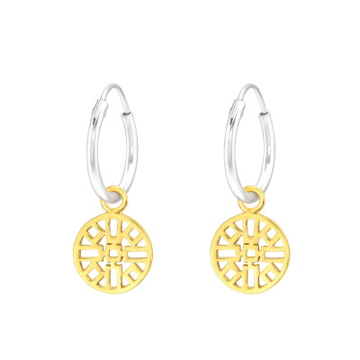 Silver Ear Hoops with Hanging Geometric Patterned Disc