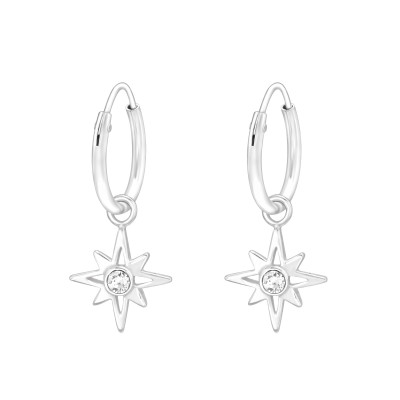 Silver Ear Hoops with Hanging Northern Star and Crystal