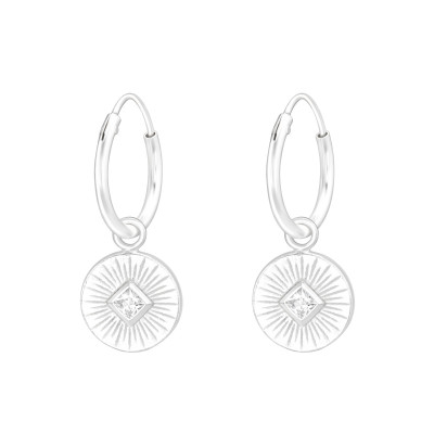 Silver Ear Hoops with Hanging Engraved Disk and Cubic Zirconia