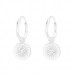 Silver Ear Hoops with Hanging Engraved Disk and Cubic Zirconia